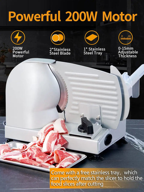 Heavy Duty Electric Meat Slicer With A Simple Thumb Dial And Two Removable 7.5 Inch Blades For Big Time Slicing Power And Hassle Free Restaurant Style Kitchen Work