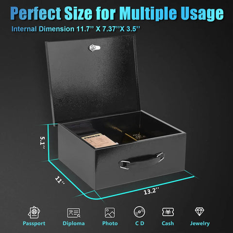 Fire Resistant Safe Box With Key Lock For Home Office Security, Sturdy Steel Safe For Valuables And Docs, 13.2 x 11 x 5.1 Inches, Black