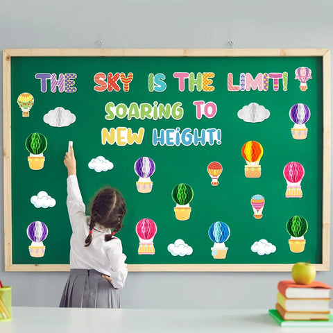 3D Hot Air Balloon Honeycomb Bulletin Board Set For Classroom Decor with colorful balloon cutouts and cloud shapes displayed.