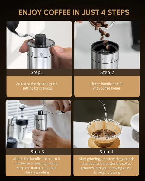 Step-by-step use of Compact Manual Coffee Grinder With 40 External Grind Settings And Ceramic Conical Burr, Durable Stainless Steel
