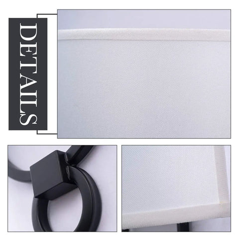 Close-up of Modern Wall Sconces With White Fabric Shade Two Pack showing black metal frame and fabric texture details