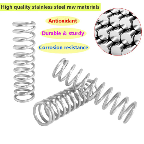 10 Piece Stainless Steel Compression Springs Set with 1.2mm Wire Diameter, 8mm OD, 35mm Length, corrosion resistant
