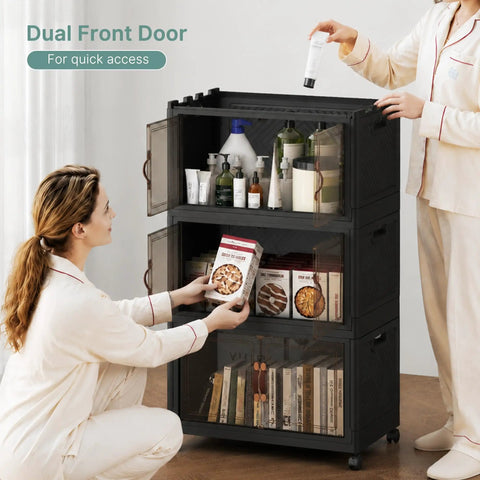 Heavy Duty Lockable Plastic Storage Bins 8 Pack Collapsible Stackable Organizers in use for organizing beauty products and snacks.