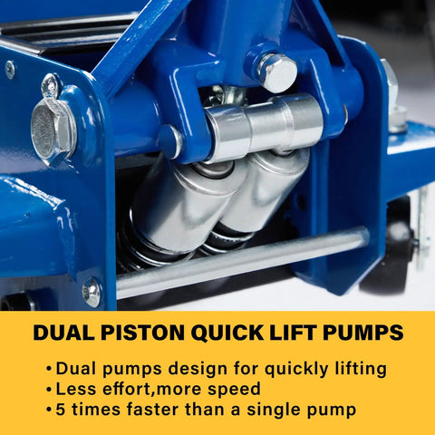 Close-up of dual piston quick lift pump on Heavy Duty 3 Ton Floor Jack With Steel Hydraulic System, Low Profile Blue