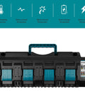 Front view of Four Port 18V Fast Charger For Makita Lithium Ion Batteries With Dual USB, showing protection features.