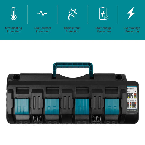 Front view of Four Port 18V Fast Charger For Makita Lithium Ion Batteries With Dual USB, showing protection features.