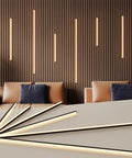 Six Piece Slat Wall Light Kit For Wood Panels With Adhesive Black LED Strips installed in living room, showing dimmable warm lighting.