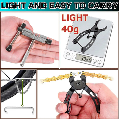 Portable 3 Piece Bicycle Chain Tool Set with Link Pliers Chain Drift Tool and Chain Hook displayed with weight and use