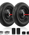 Two 14.5 Inch Wheelbarrow Tire With 3.50-8 Flat Free Solid Wheel And Centered Hub, 5/8 Inch And 3/4 Inch Bearings displayed with accessories.
