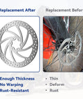 Before and after comparison of 180mm Dope Brake Disc Rotor Kit For Q20 Pro H26 Electric Bikes with rotor and pad.