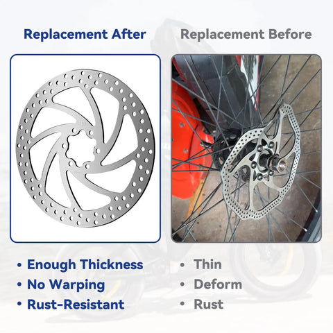 Before and after comparison of 180mm Dope Brake Disc Rotor Kit For Q20 Pro H26 Electric Bikes with rotor and pad.