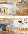 Bamboo Spa Shower Bench With Storage Shelf Non Slip Bath Stool featuring multiple uses in dry environments, including pet grooming.