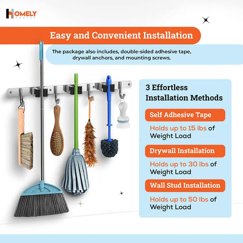 Heavy Duty Wall Mount Broom And Mop Holder With 3 Tier Racks And 4 Hooks 17 Inch Stainless Steel Organizer with tools hanging