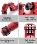 Heavy Duty Pipe Cutter Kit With Big Tubing Cutter And Mini Tube Cutter For Copper Aluminum PVC And Thin Stainless Steel Tubing Three Sixteenths To Two Inches Outer Diameter showing alloy steel construction, ultra-sharp cutting wheel, large ergonomic knob, and ball bearing rollers.