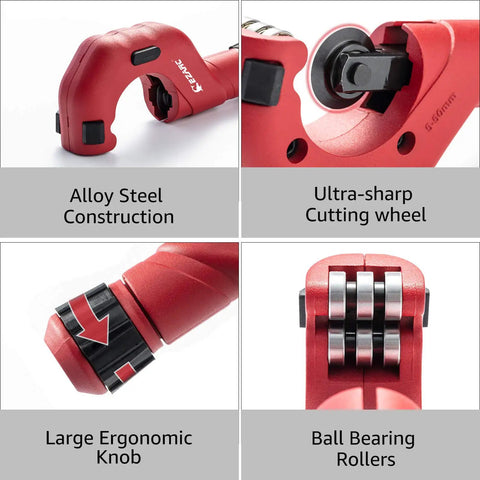 Heavy Duty Pipe Cutter Kit With Big Tubing Cutter And Mini Tube Cutter For Copper Aluminum PVC And Thin Stainless Steel Tubing Three Sixteenths To Two Inches Outer Diameter showing alloy steel construction, ultra-sharp cutting wheel, large ergonomic knob, and ball bearing rollers.
