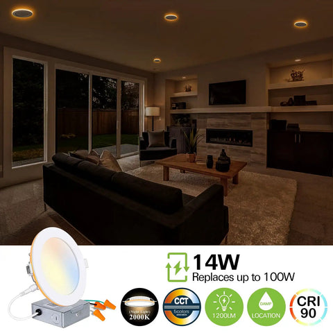 Living room with Super Slim 6 Inch LED Recessed Ceiling Lights With Night Light Mode Select Any Of Five Color Temps