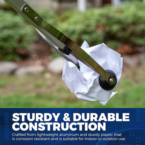 Side view of 32 Inch Reacher Grabber Tool Set 2 Pack Lightweight Durable Folding Claw holding paper outdoors