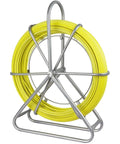 Four Twenty Five Foot Fiberglass Fish Tape With Sturdy Guide Spool For Smooth Wire Routing Through Tight Conduit Built For Electricians And Utility Crews Knocking Out Tough Telecom Jobs Without A Scratch Or Snag, featuring yellow fiberglass cable on a sturdy metal spool.