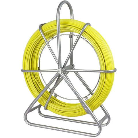 Four Twenty Five Foot Fiberglass Fish Tape With Sturdy Guide Spool For Smooth Wire Routing Through Tight Conduit Built For Electricians And Utility Crews Knocking Out Tough Telecom Jobs Without A Scratch Or Snag, featuring yellow fiberglass cable on a sturdy metal spool.
