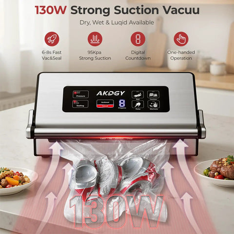 Heavy Duty Commercial Vacuum Sealer Machine With 14 Smart Sealing Modes Including Liquid Settings And Double Heat Seal, 130W, stainless steel, vacuuming food.