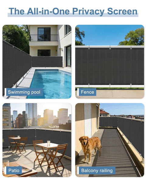 Black 3x10 Privacy Screen Fence Cover Made From HDPE Mesh With Grommets On poolside and patio railing for privacy