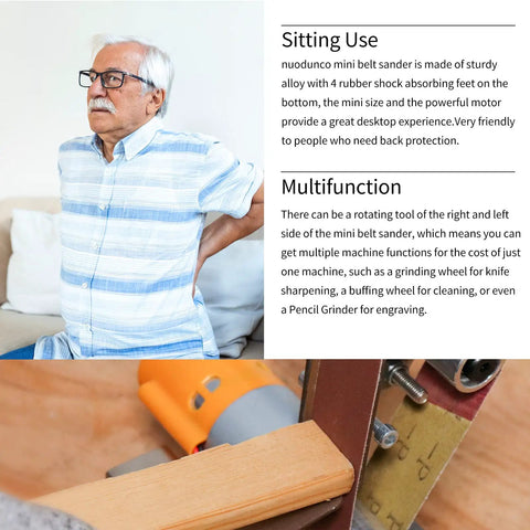 Top Tier 3 In 1 Mini Belt Sander Bench Grinder Polisher And Buffer Station Featuring Flex Cushioned Sailboat Belts used by an elderly man sitting.