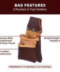 Compact Utility Bag With Two Pockets, Minimalist Tool Carrier For Pros, Durable Leather, Made In USA, shown with dimensions