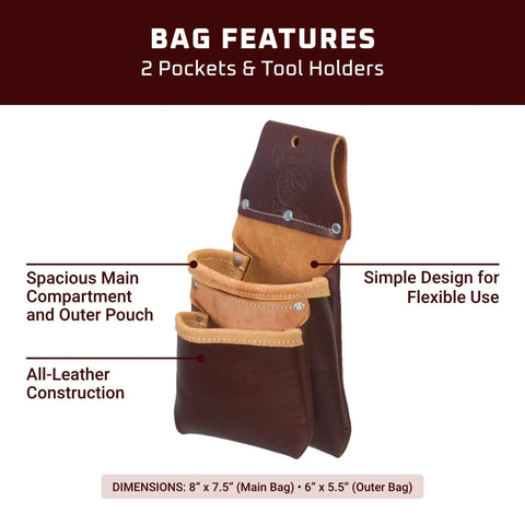 Compact Utility Bag With Two Pockets, Minimalist Tool Carrier For Pros, Durable Leather, Made In USA, shown with dimensions