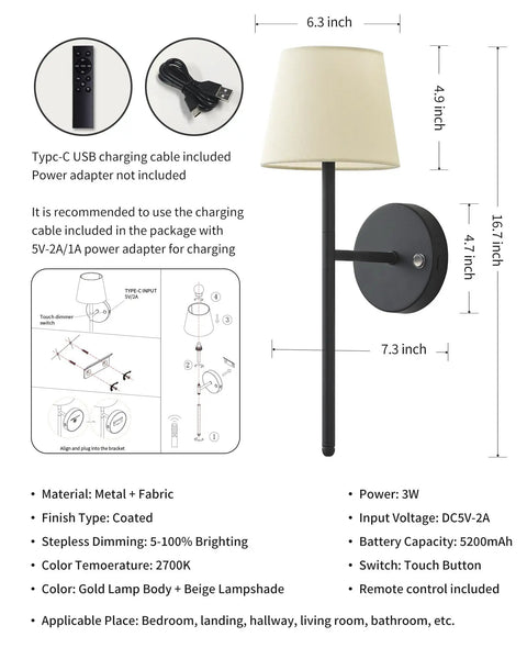 Rechargeable Battery Wall Sconces Set Of Two Black Cordless Lights For Modern Homes No Sweat Install with USB charging cable and remote.