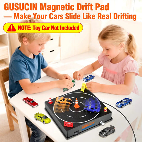 Children playing with USB Powered 1 64 Diecast Car Drift Pad With Spinning Track Adjustable Speed And Direction Magnetic Under Car Pad 5 Decoration Options Display Stand Works With All 1 64 Scale Cars Black on table.