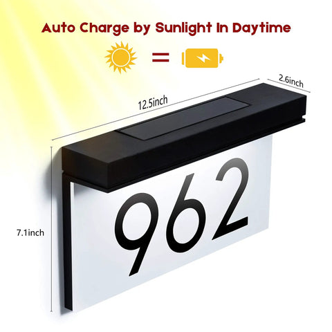 Solar Powered Address Plaque For Home With House Numbers Outdoor LED Sign Waterproof 6000K Daylight White Auto On At Night No Fuss Install No Wiring Energy Saving Exterior Address Marker