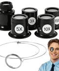 Five Piece Jewelers Loupe Set With Holder 3X 5X 10X 15X 20X Monocular Magnifiers shown with clip-on support on a model