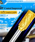 Close-up of Five Piece Tungsten Carbide Burr Set TiN Coated Double Cut Cylindrical For Die Grinder Bits, gold color