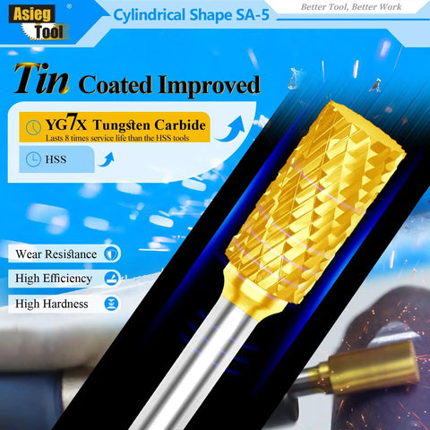 Close-up of Five Piece Tungsten Carbide Burr Set TiN Coated Double Cut Cylindrical For Die Grinder Bits, gold color