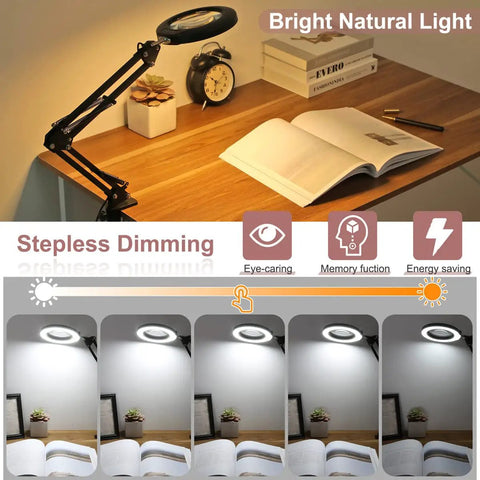 8X Magnifying Glass With Light 5 Color Modes Stepless Dimmable LED Desk Lamp With Clamp on wood desk