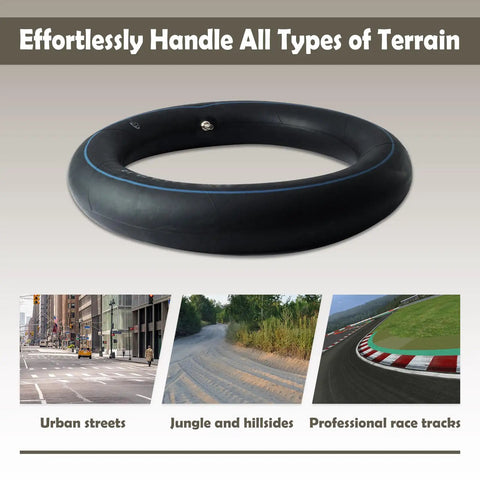 Beefed Up Thickened 12 Inch Rear Inner Tube Replacement for Electric Dirt Bikes, showcased with terrain versatility.