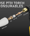 Exploded view of PT31 Plasma Cutter Torch 13ft High Frequency Plug And Play Torch For CUT-50DS showing parts like shield cups and electrode.