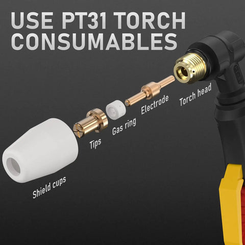 Exploded view of PT31 Plasma Cutter Torch 13ft High Frequency Plug And Play Torch For CUT-50DS showing parts like shield cups and electrode.