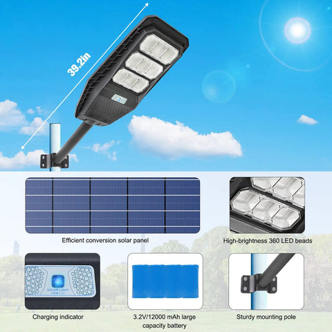 Two 100W Solar Street Light Set With Motion Sensor Dusk To Dawn Outdoor Flood Lights Remote Control IP65 Waterproof For Backyard Driveway Barn Garage Parking Lot All Night 6500K Bright White Illumination, featuring solar panel and battery inset