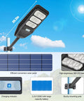 100W Solar Street Light Two Light Set With Motion Sensor No Wires To Run Dusk To Dawn Outdoor Flood Light Remote Control IP65 Waterproof For Backyard Driveway Parking Lot And Garage showing LED panels and solar components