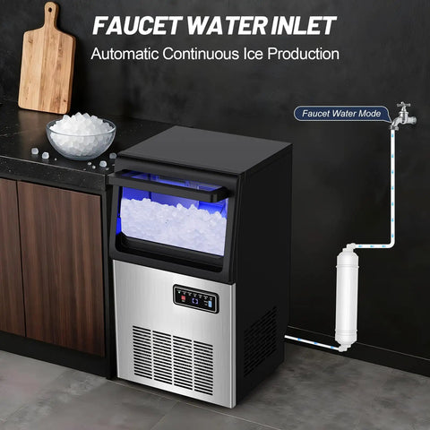 Nugget Ice Maker Machine With 100 Lbs Per Day Output, Stainless Steel Under Counter Ice Machine With 25 Lbs Storage Capacity, Self Cleaning Freestanding Sonic Pellet Ice Maker For Home Bar Restaurant Office connected to a water line