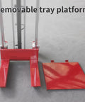Heavy Duty Manual Hydraulic Pedal Driven Stacker Lift Truck With Robust Forks For 800 Lbs Warehouse Pallet Moving And Stacking Jobs, removable tray platform detail.