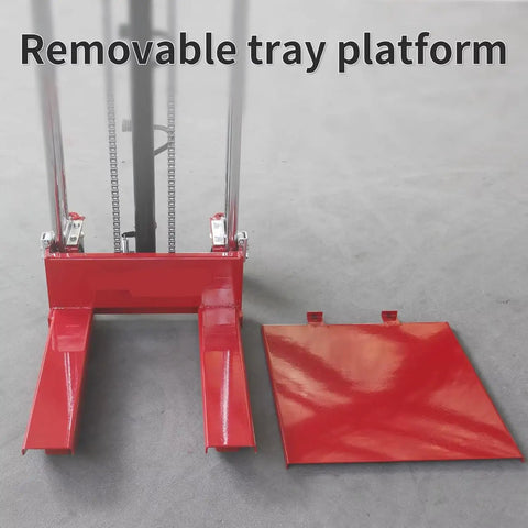 Heavy Duty Manual Hydraulic Pedal Driven Stacker Lift Truck With Robust Forks For 800 Lbs Warehouse Pallet Moving And Stacking Jobs, removable tray platform detail.