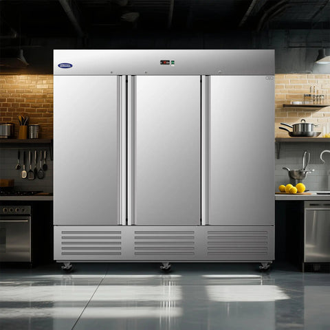 81 Inch Commercial Freezer Refrigerator With Three Solid Doors Delivers Seventy Two Cubic Feet Of Heavy Duty Storage Space Stainless Steel Construction ETL Approved Led Interior Lights Nine Adjustable Shelves Runs Silent No Sweat in a modern kitchen.