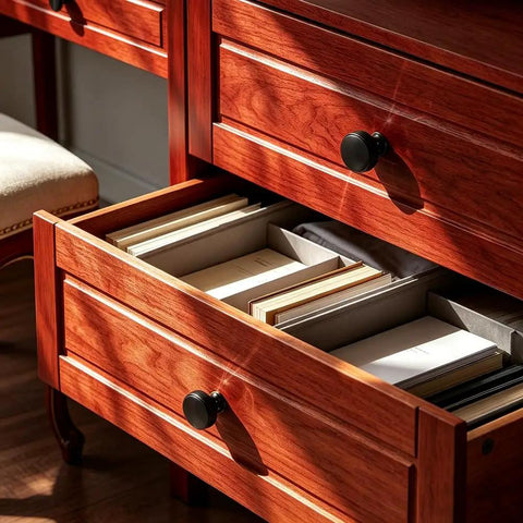Wooden dresser with open drawer featuring 4 Pack Knurled Round Cabinet Knobs And Drawer Pulls Single Hole Hardware For Kitchen And Bath