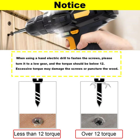 Black Oxidized Carbon Steel 4 X 3/8 Inch Flat Head Self-Tapping Wood Screws, 200 Piece Pack visual torque guide for safe use.