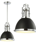 Industrial Iron Dome Pendant Light 10 Inch Black Chrome Finish Adjustable Hanging Fixture For Kitchen Island Or Entryway Modern Black Metal Shade LED Bulb Included shown with close-up of chrome details and diffuser panel.
