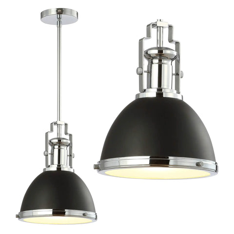 Industrial Iron Dome Pendant Light 10 Inch Black Chrome Finish Adjustable Hanging Fixture For Kitchen Island Or Entryway Modern Black Metal Shade LED Bulb Included shown with close-up of chrome details and diffuser panel.