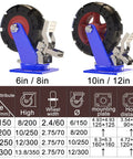 Tough As Nails Heavy Duty Industrial Caster Wheels 4 Pack showcasing 6in and 10in wheels with solid rubber material for easy mobility.