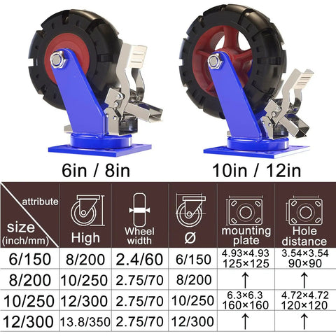 Tough As Nails Heavy Duty Industrial Caster Wheels 4 Pack showcasing 6in and 10in wheels with solid rubber material for easy mobility.